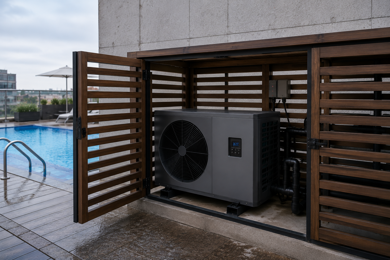 Sistema de bomba de calor para piscina comercial instalado por Calfrio
